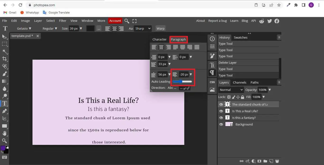 how to change text spacing in photopea